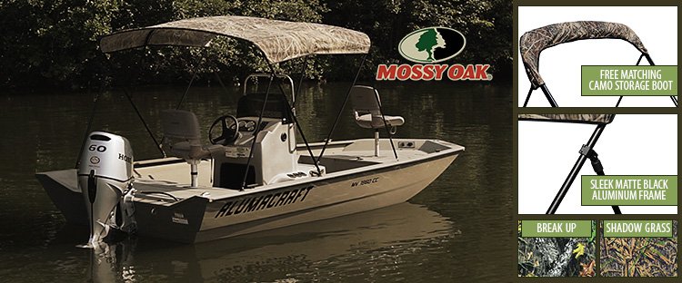 Alumacraft boat with A Mossy Oak™ Camo Bimini Top and Bimini Features