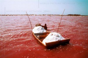 Senegal Lake Retba - boat with Salt piles