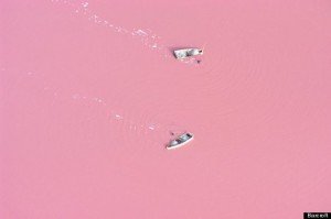 LAKE RETBA, SENEGAL - UNDATED: Aerial photograph of salt-collecting boats o