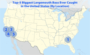 map of the US showing where the 5 biggest largemouth bass were caught