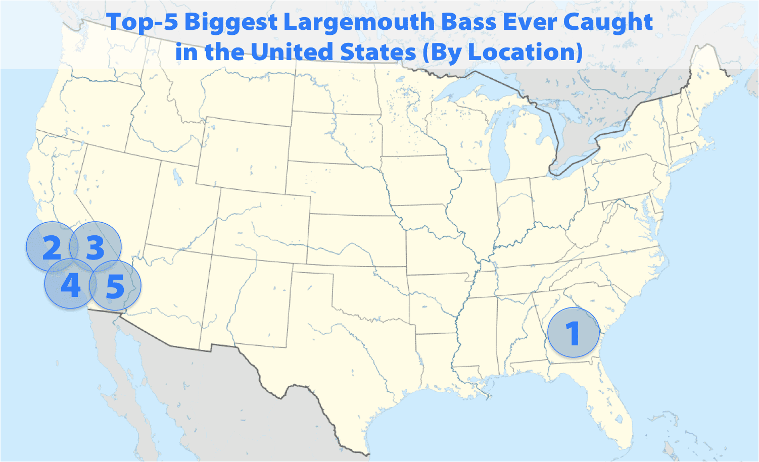 map of the US showing where the 5 biggest largemouth bass were caught