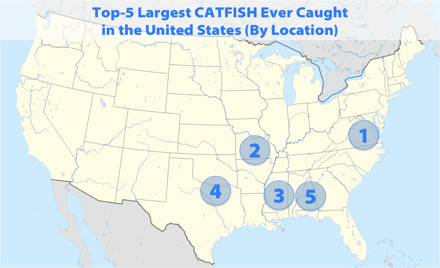 map of the US showing where the 5 biggest catfish were caught
