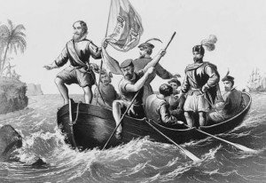 black and white image of Christopher Columbus and several other men in a small boat