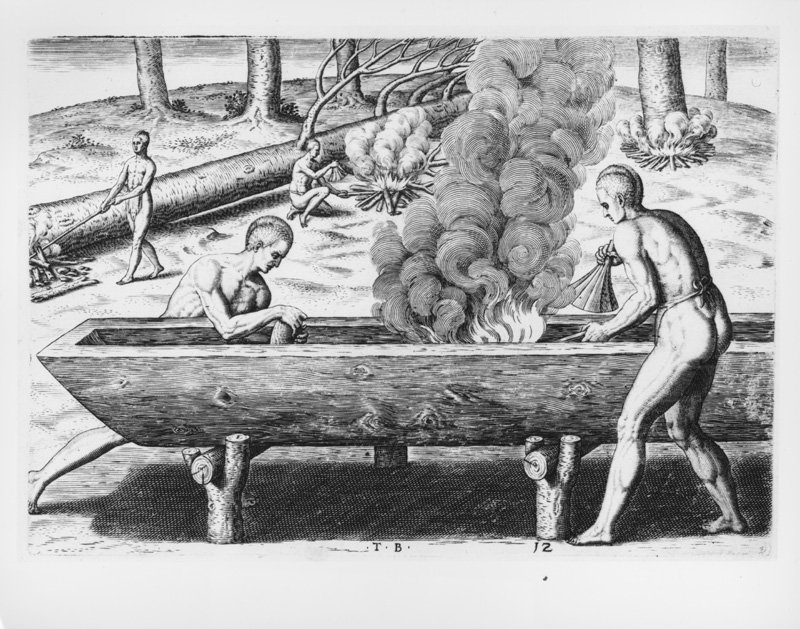 painting of ancient people making a dugout canoe