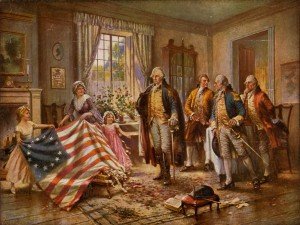 painting of George Washington in a home looking at the Besty Ross flag
