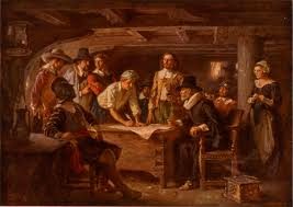 painting showing people Aboard the Mayflower