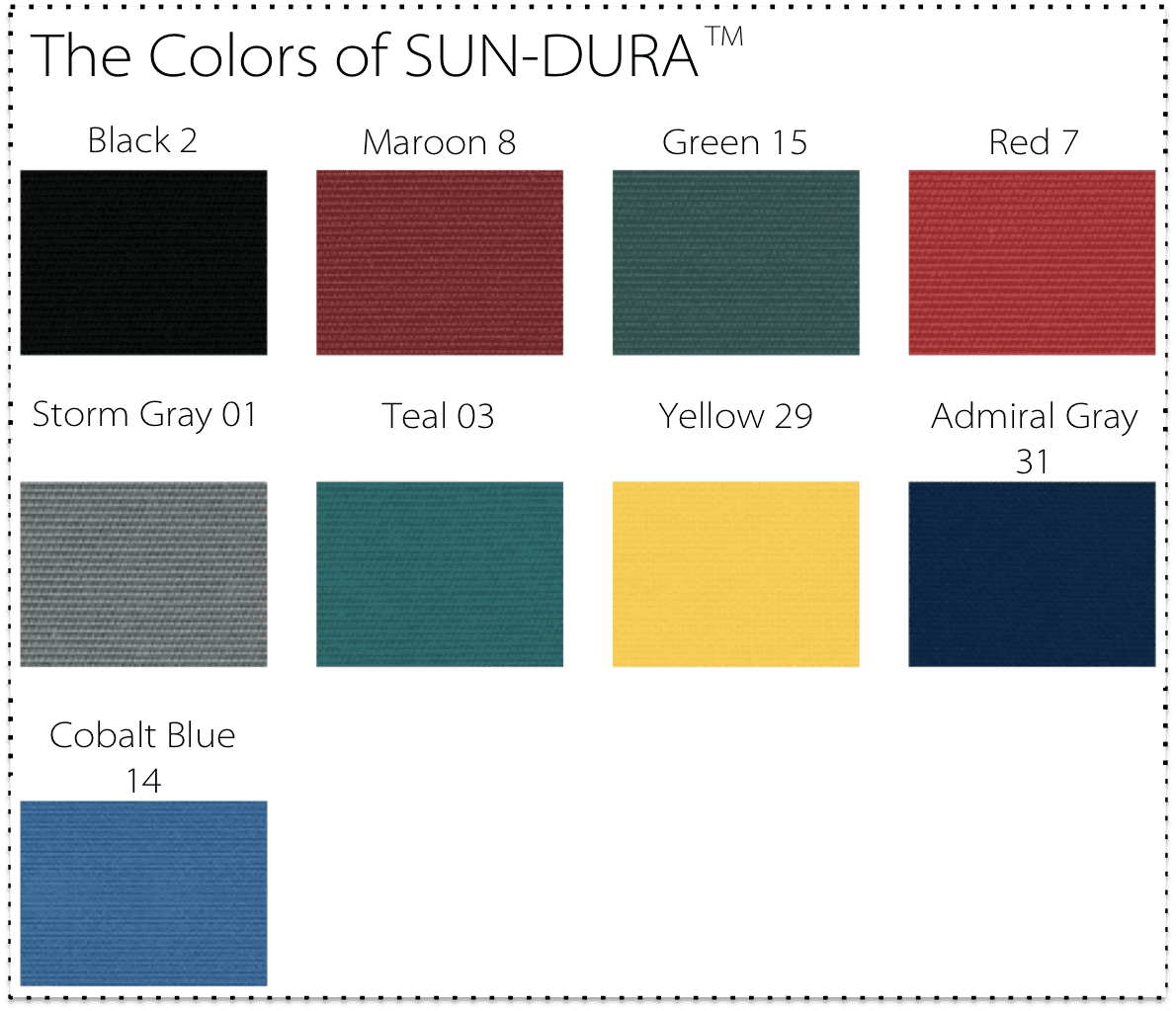 Sun-DURA swatches shown in all the available colors
