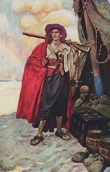 painting of a buccaneer in a red cloak