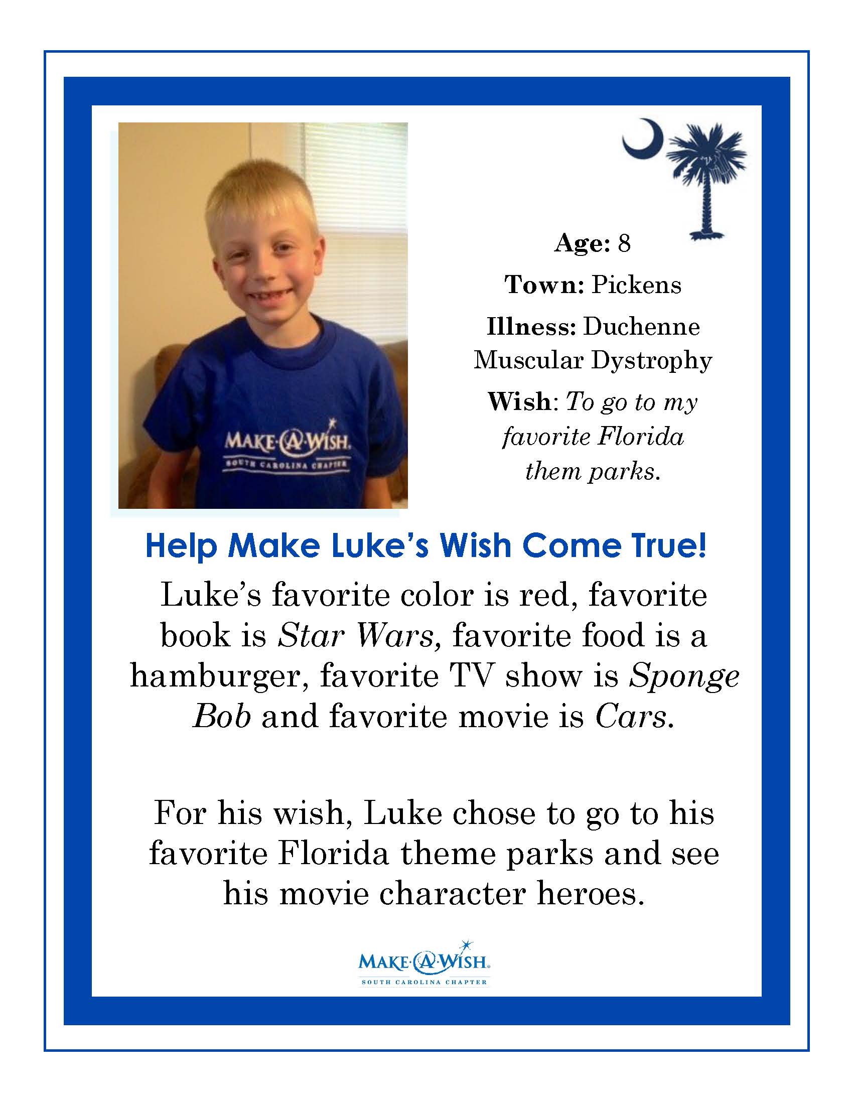 Make a Wish foundation flyer to help Luke's wish come true