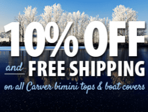 banner for 10% off and free shipping on Carver bimini tops and boat covers