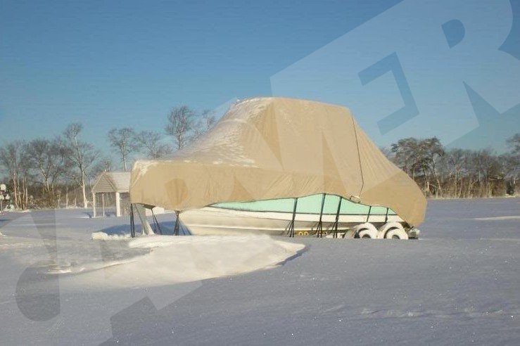 boat with hard top in snow