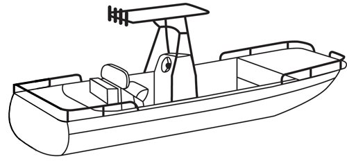 Line art of the Center Console Rounded-Bow Bay Style Fishing Boat with Shallow Draft Hull with T-Top boat style